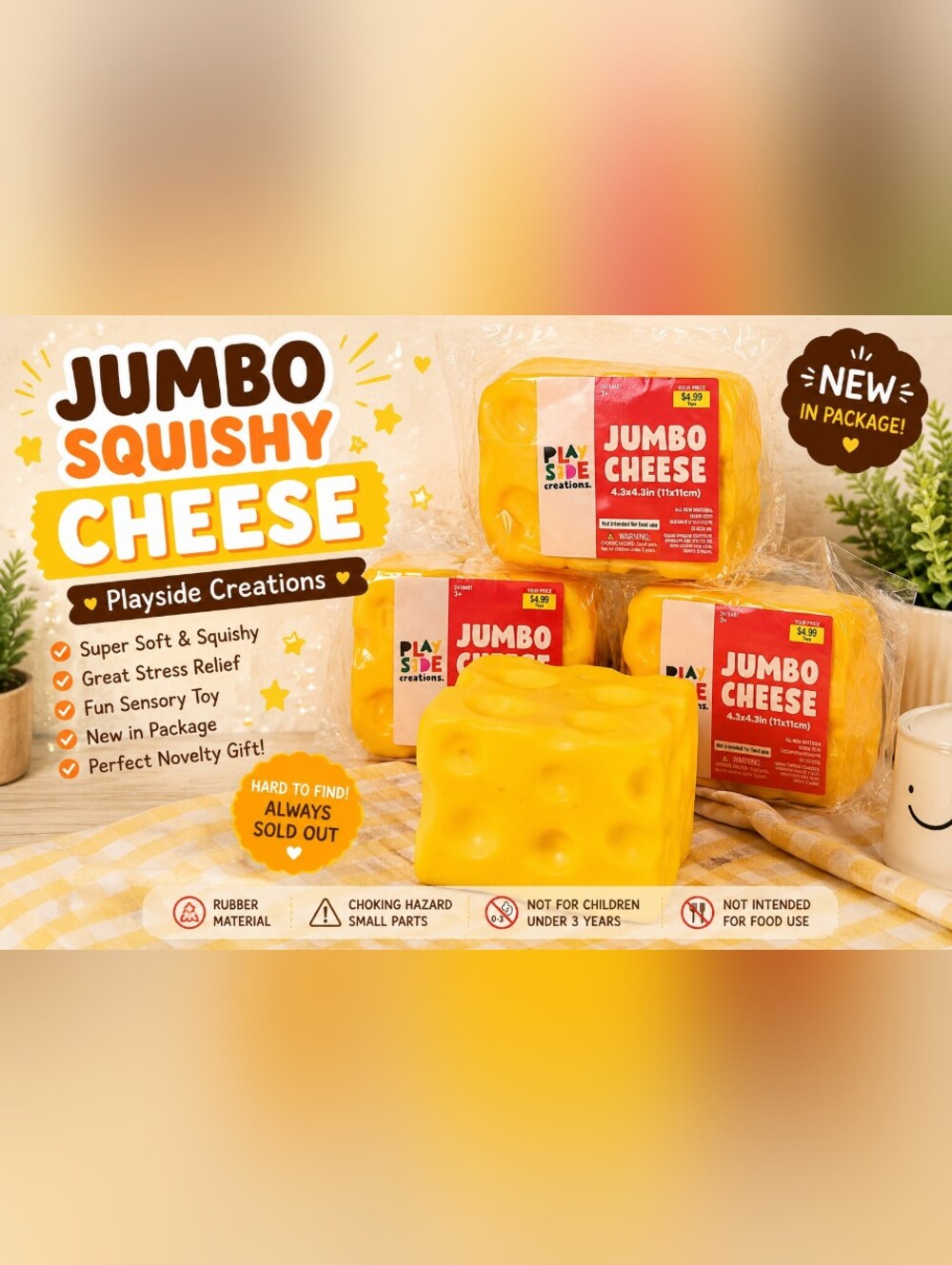 Jumbo Squishy Cheese Sensory Stress Toy Playside Creations NWT